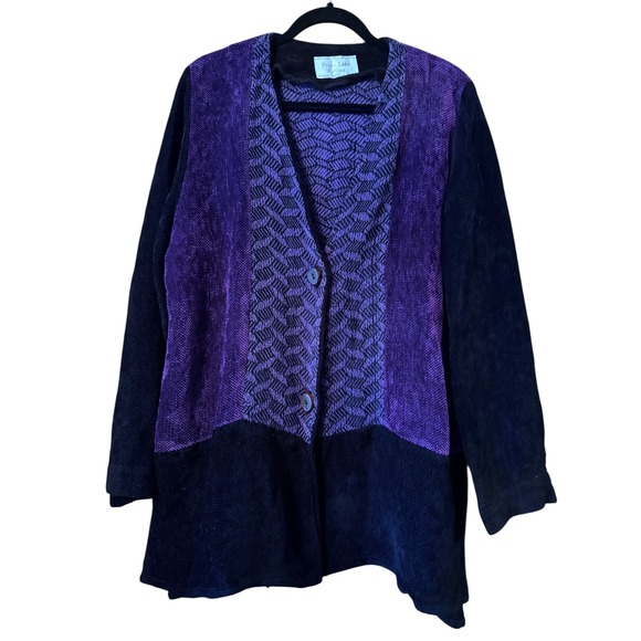 VTG  80's Priest Lake Exotics Handwoven Purple Black Button Down Cardigan ART - Picture 1 of 7
